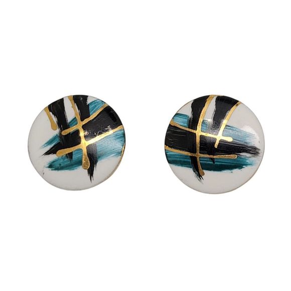 Vintage Ceramic Hand Painted Button Pierced Earrings - Picture 1 of 4